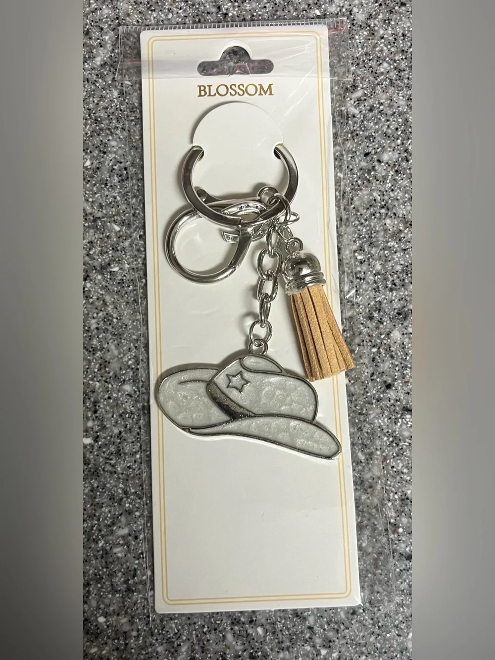 Silver Cowboy Hat Keychain with Tan Tassel